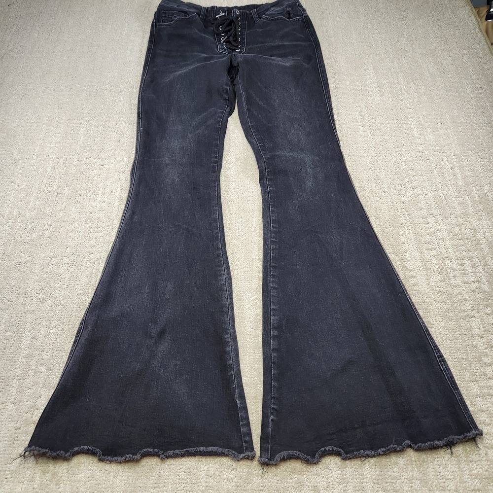 Flying Monkey High Rise Flare Jeans Women 28 Black Stretch Denim Lace Front